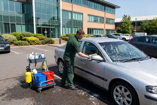 Cars being washed in an office park parking bay by a mobile crew