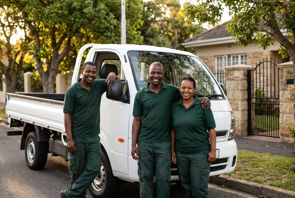 Three Erf crew members in uniform standing beside a flatbed truck on a suburban street