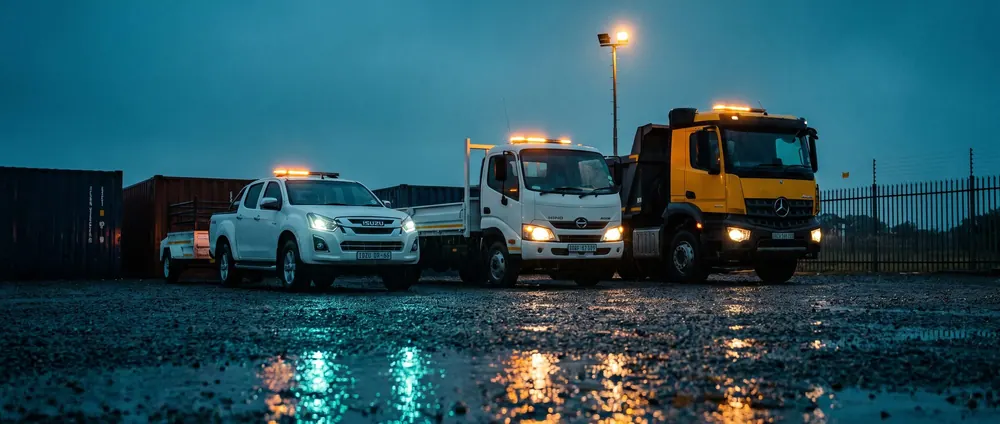 An Erf bakkie loading outside a Sandton building after hours
