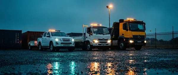 An Erf bakkie loading outside a Sandton building after hours