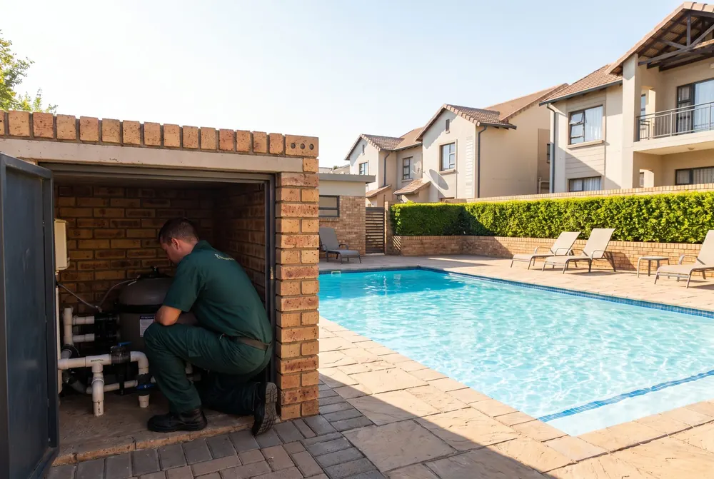 A clear complex pool after a weekly service visit