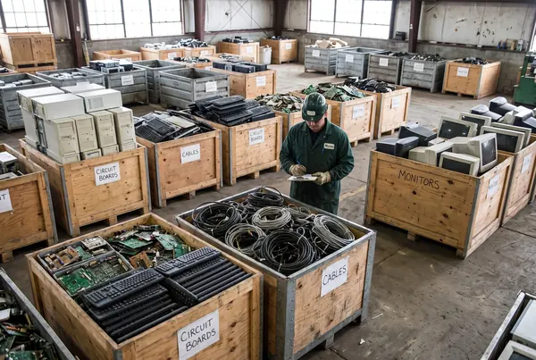 Old monitors and electronic waste sorted for recycling